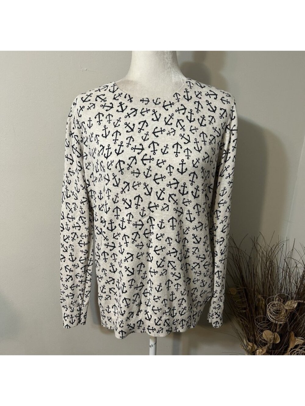 Old Navy Women Sweater All Over Print Anchors Away Pullover Navy & Beige Sz L